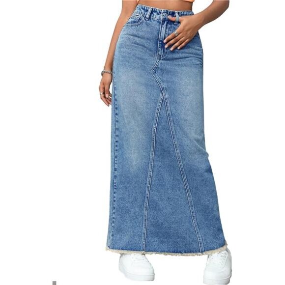Dresses & Skirts - Women's High Waisted Maxi A line Denim Skirt Blue